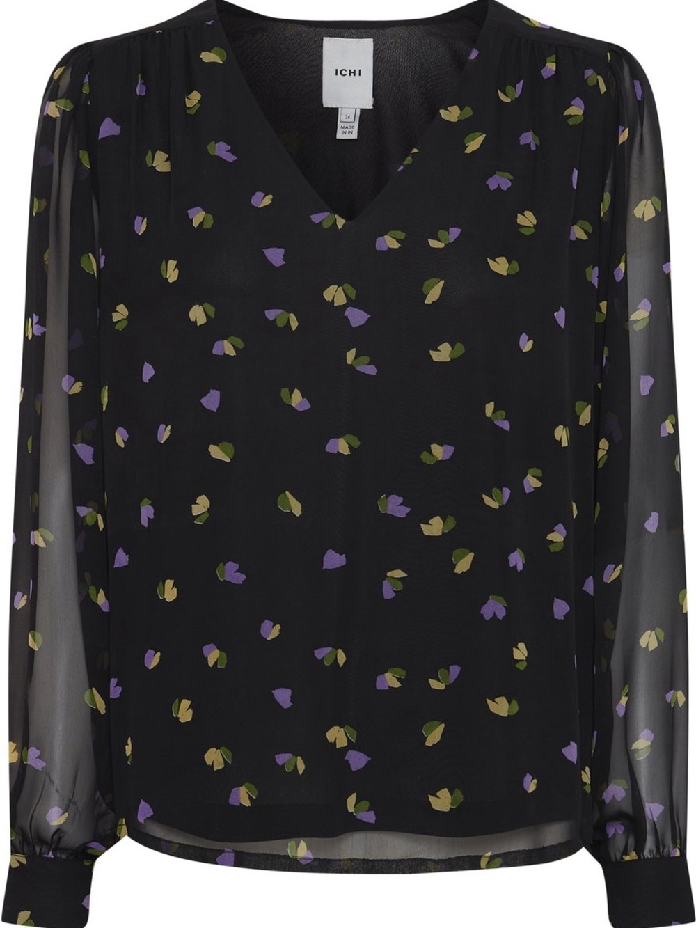 ICHI Black Abstract Floral Print Long Sleeve V-neck Blouse
